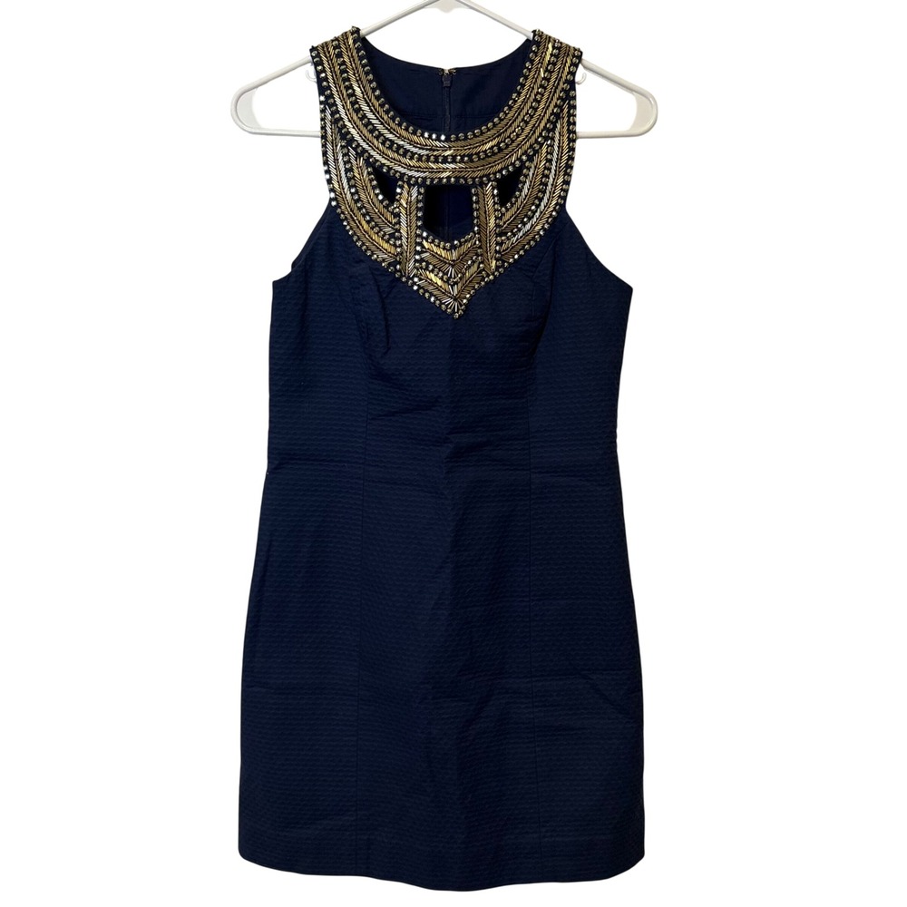 Lilly Pulitzer Carlton Shift Dress Women Size 0 True Navy Beaded Halter Neck NWT